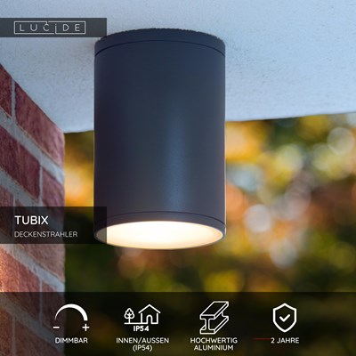 Lucide TUBIX - Deckenstrahler Innen/Außen - Ø 10,8 cm - 1xE27 - IP54 - Anthrazit